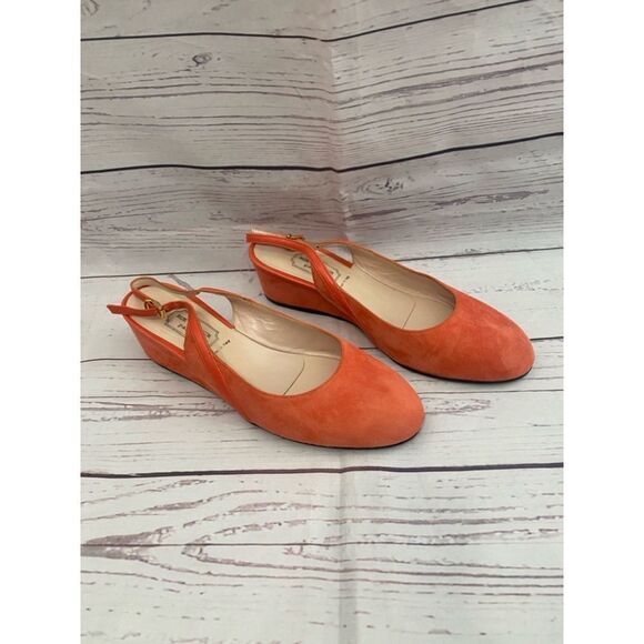 Women's Rue du Jour Orange Suede Slingback Wedge Heels Size 38 - Picture 1 of 10